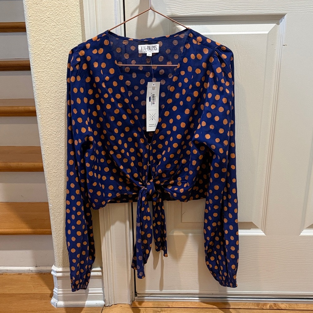 NWT Nineteen palms Blue and Orange Polka Dot Blouse